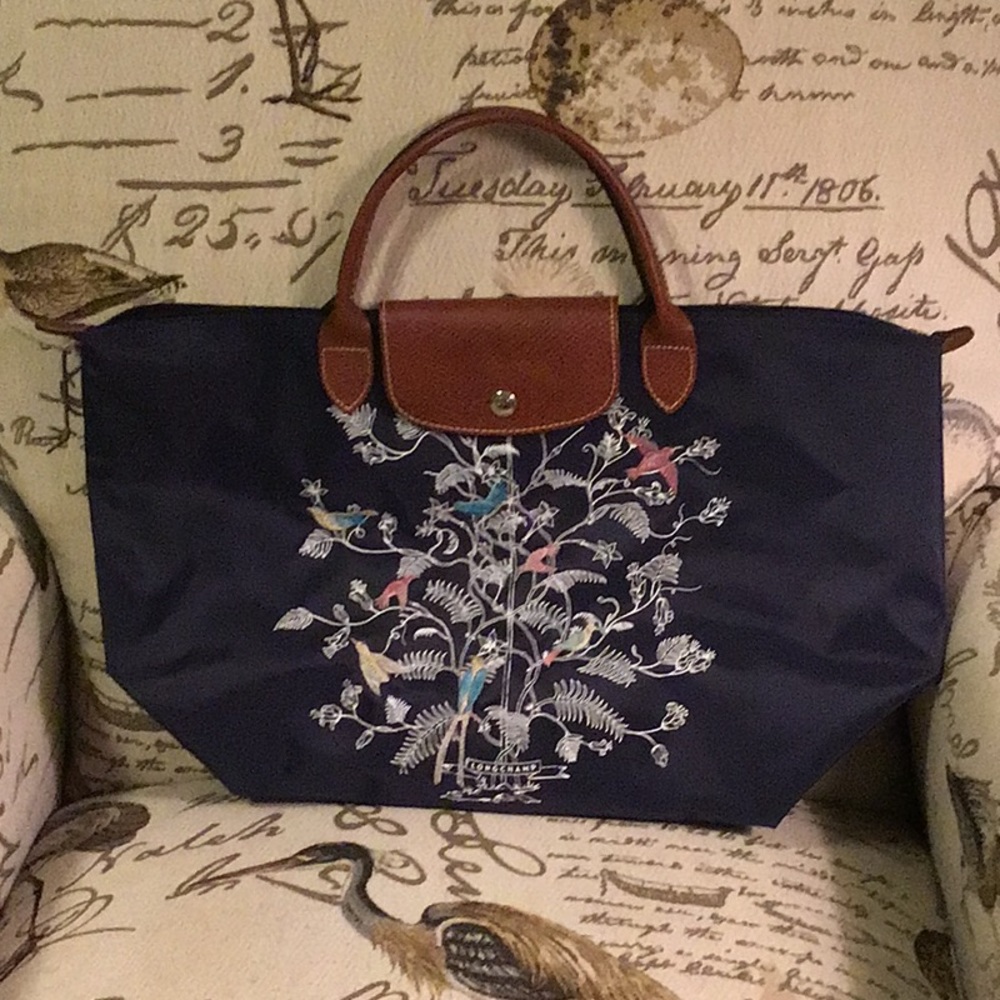 Longchamp embroidered birds in a tree Le Pliage